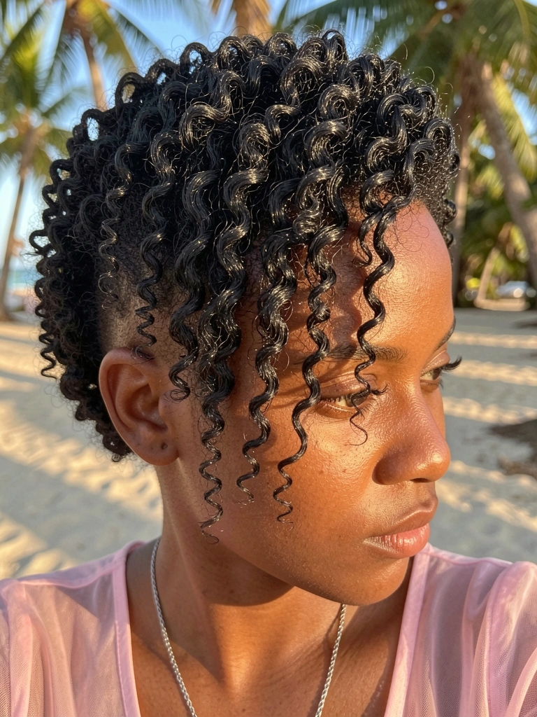 Close de uma jovem negra com cabelo crespo e volumoso, raspado de um lado, brincos prateados e corrente fina, luz natural quente e fundo desfocado ao ar livre.