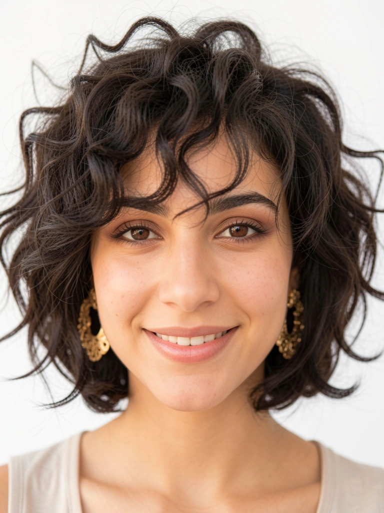 Jovem de cabelos cacheados escuros em corte curto, sorriso natural, brincos de argola dourados grandes, luz suave e fundo branco.