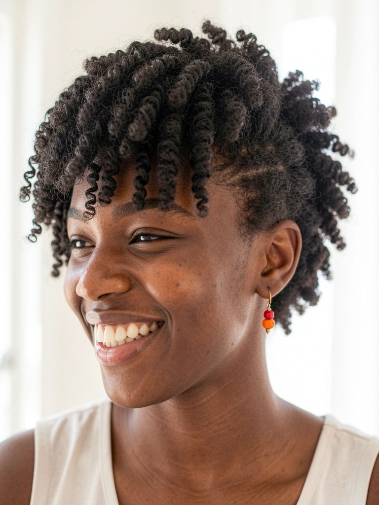 Jovem negra com cabelo afro volumoso e sidecut, sorriso genuíno e brinco com contas vermelhas e laranja, sob luz suave e difusa.