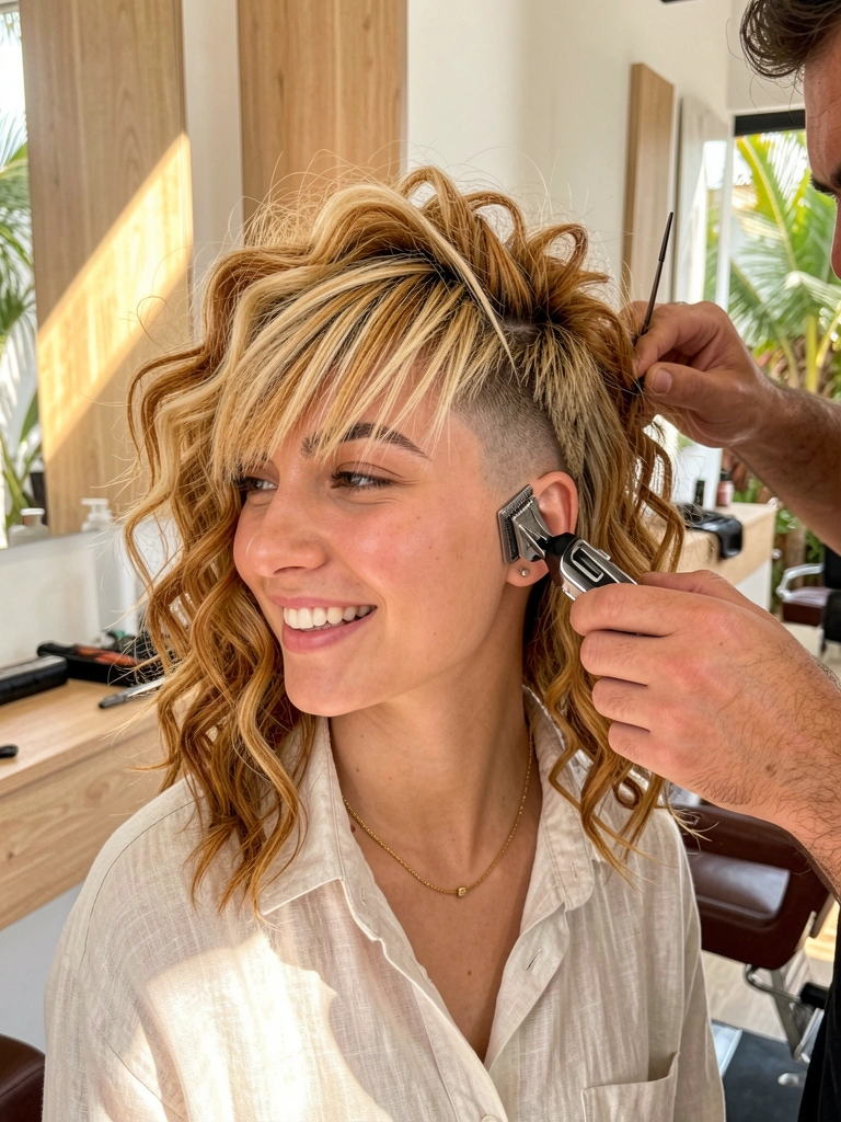 Jovem com cabelo cacheado loiro e caramelo, undercut sendo feito com navalha por barbeiro, barbearia minimalista com madeira clara e luz natural.