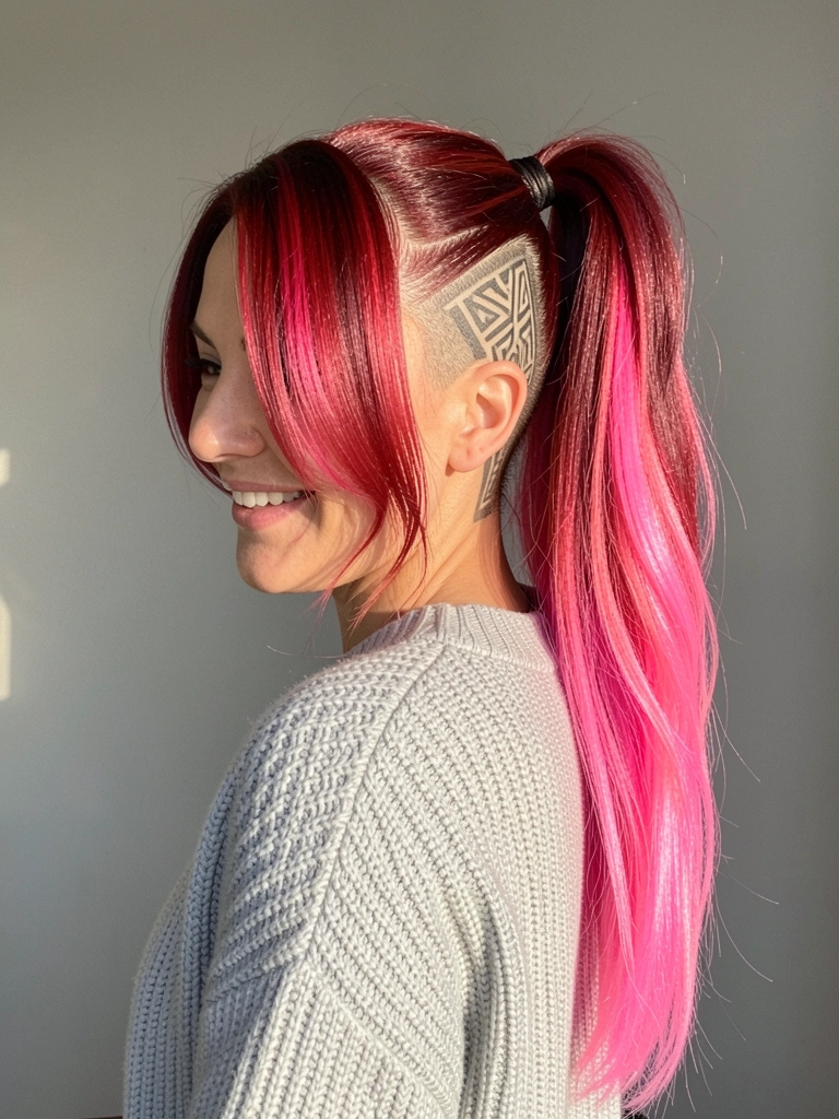 Mulher com cabelo rosa pink vibrante em rabo de cavalo lateral alto, undercut com padrão geométrico, sorriso espontâneo sob luz natural.