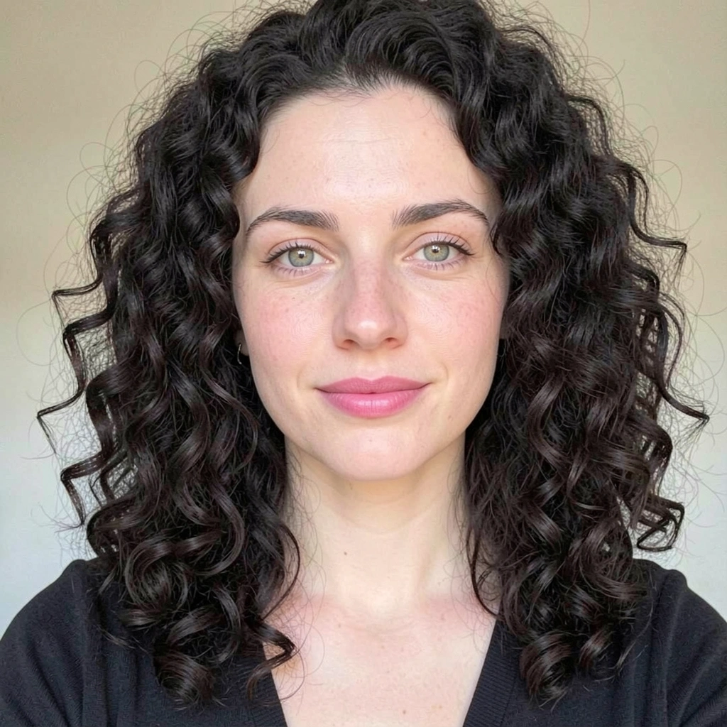 Mulher de cabelos cacheados escuros, pele clara, olhos claros e lábios rosados.