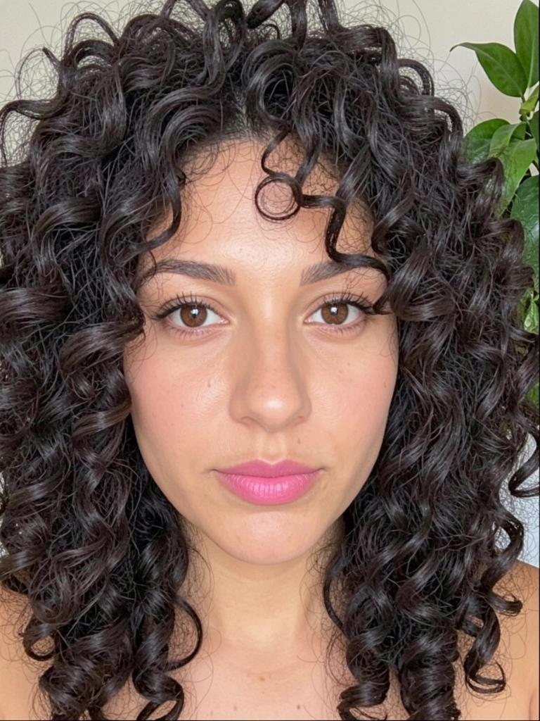 Retrato de mulher com cabelos cacheados volumosos, olhos castanhos e lábios rosados, com folhagem ao fundo.