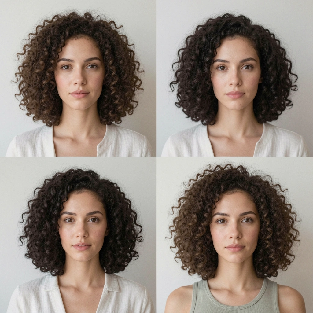 Quatro mulheres com cabelos cacheados em diferentes comprimentos, iluminação suave e neutra.