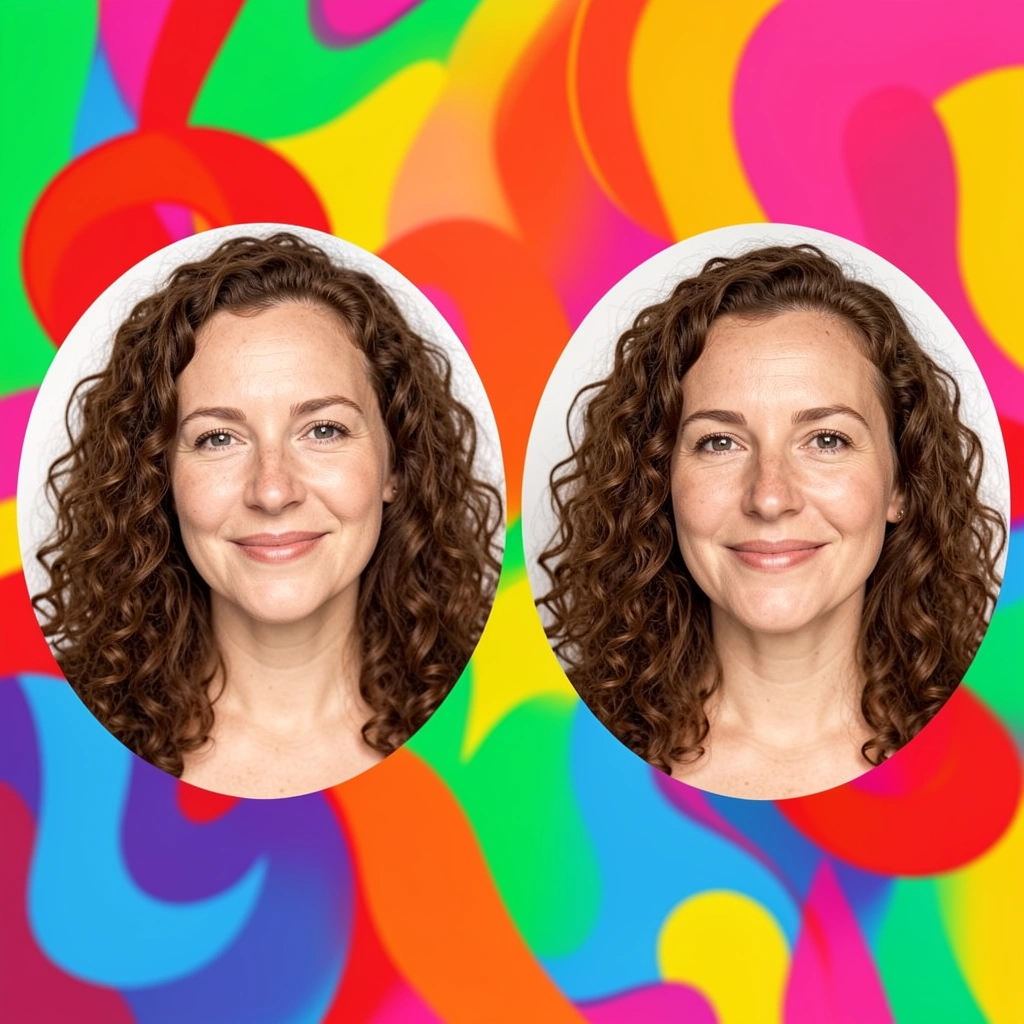 Duas mulheres de cabelo cacheado castanho em molduras circulares sobre fundo colorido.
