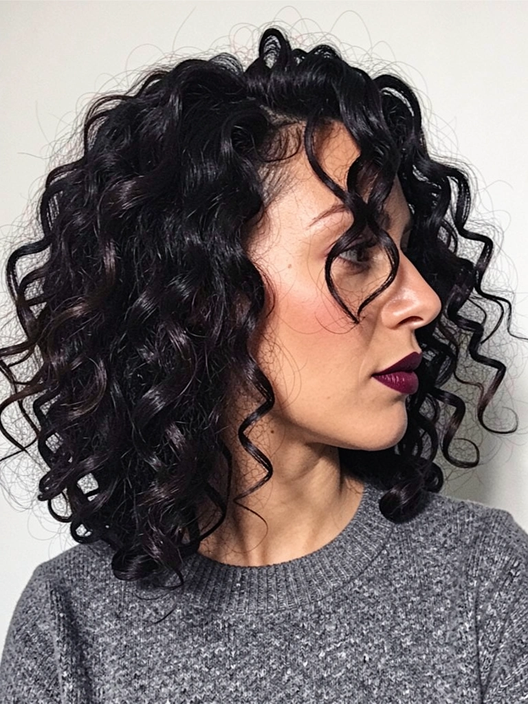 Mulher de perfil com cabelo cacheado escuro, batom vinho e suéter cinza.