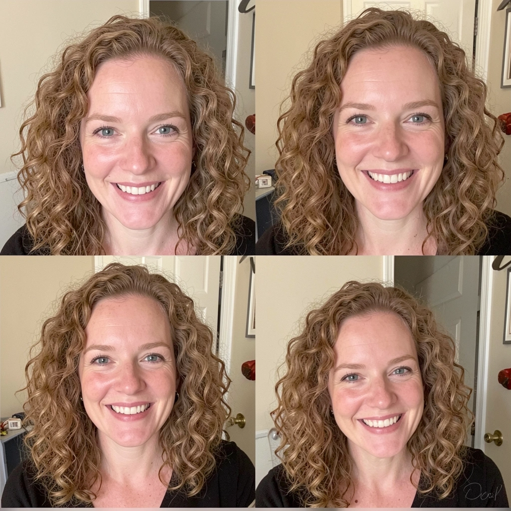 Duas mulheres de cabelo cacheado castanho claro sorrindo em três vistas diferentes.