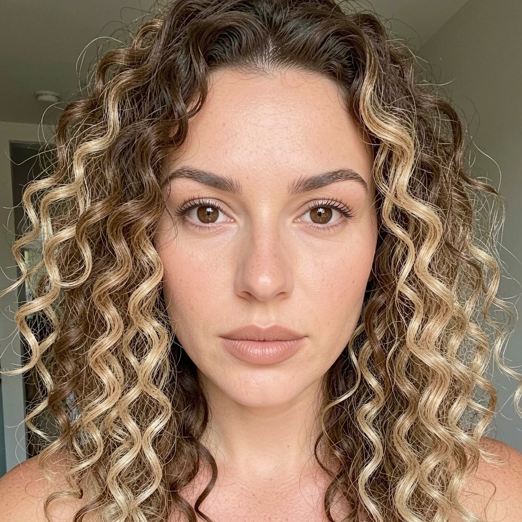 Mulher com cabelo cacheado castanho e loiro, olhos castanhos e lábios nus.
