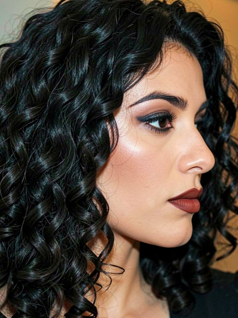 Mulher de perfil com cabelos cacheados escuros, batom avermelhado e olhos marcados por maquiagem.