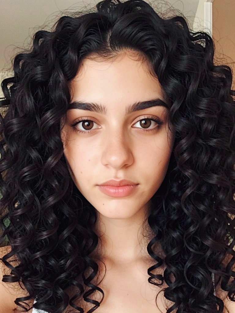 Jovem com cabelos cacheados escuros e volumosos, olhos castanhos e lábios, iluminação suave.