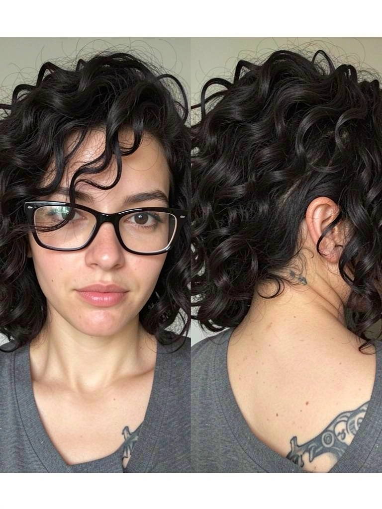 Pessoa de cabelo cacheado escuro com óculos e tatuagem, em dois ângulos.