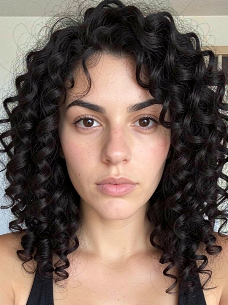 Mulher de cabelos cacheados volumosos e escuros, pele clara e lábios neutros, olhando diretamente para o espectador.