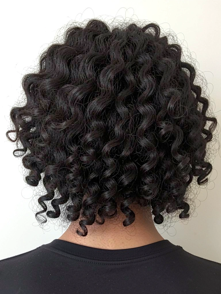 Cabelo cacheado escuro e volumoso moldado ao redor da cabeça e pescoço com iluminação neutra.