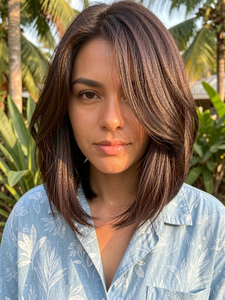 Close-up de mulher com cabelo castanho escuro em bob moderno e camisa azul clara oversized, luz suave destacando texturas.
