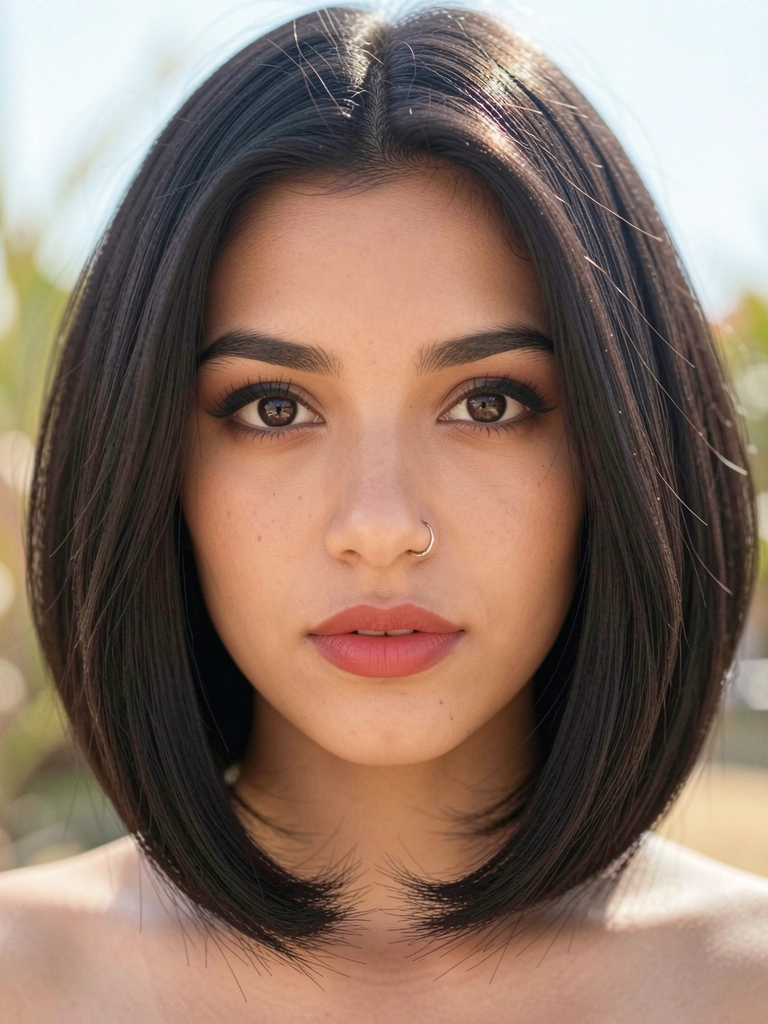 Jovem de cabelo escuro em corte bob moderno, com nariz piercing e olhos expressivos, iluminação suave e fundo desfocado.