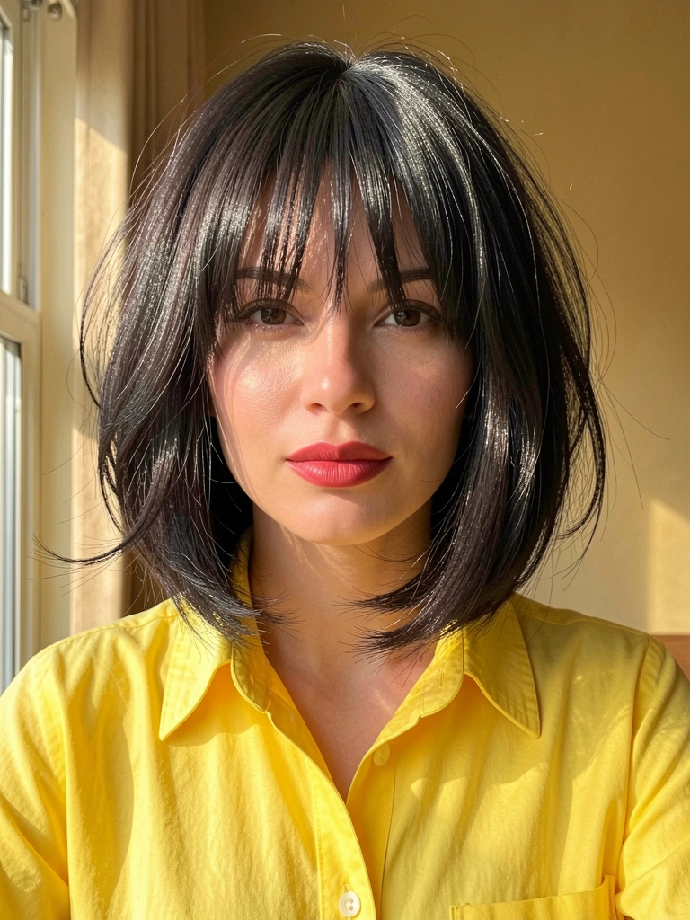 Luz natural incide sobre cabelo escuro em corte blunt com franja longa, camisa amarela e batom rosado, fundo bege.