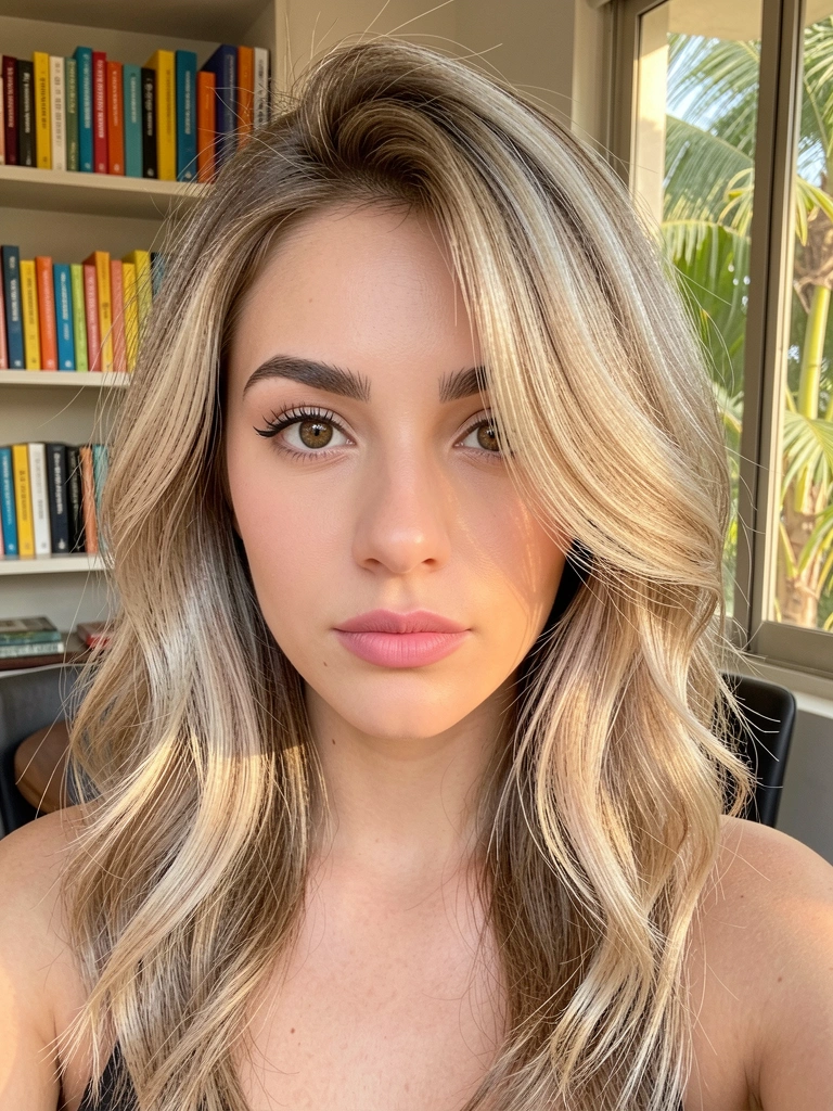 Jovem com cabelo loiro ondulado em bob assimétrico, iluminado por luz natural, estante com livros ao fundo.