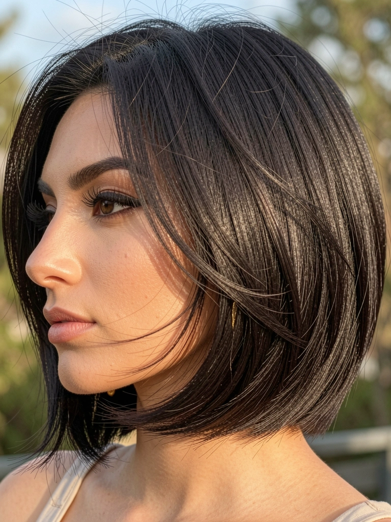 Perfil de mulher com cabelo preto em corte bob angulado, brincos dourados e luz natural difusa ao ar livre.