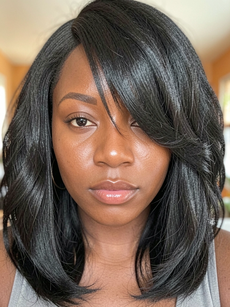Close-up de uma mulher negra com cabelo castanho ondulado em corte bob com franja lateral, pele com brilho natural e lábios gloss, iluminação difusa suave.
