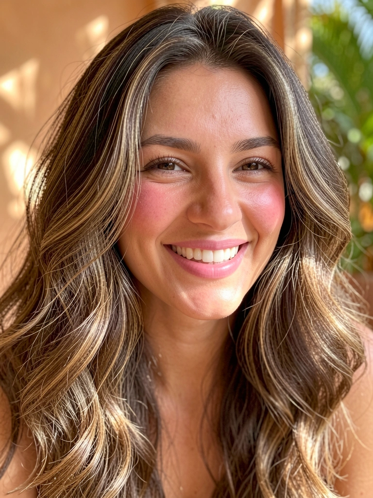 Mulher de cabelos castanhos ondulados com reflexos, sorriso radiante, luz difusa destacando textura dos fios e blush suave, fundo desfocado com tons quentes.
