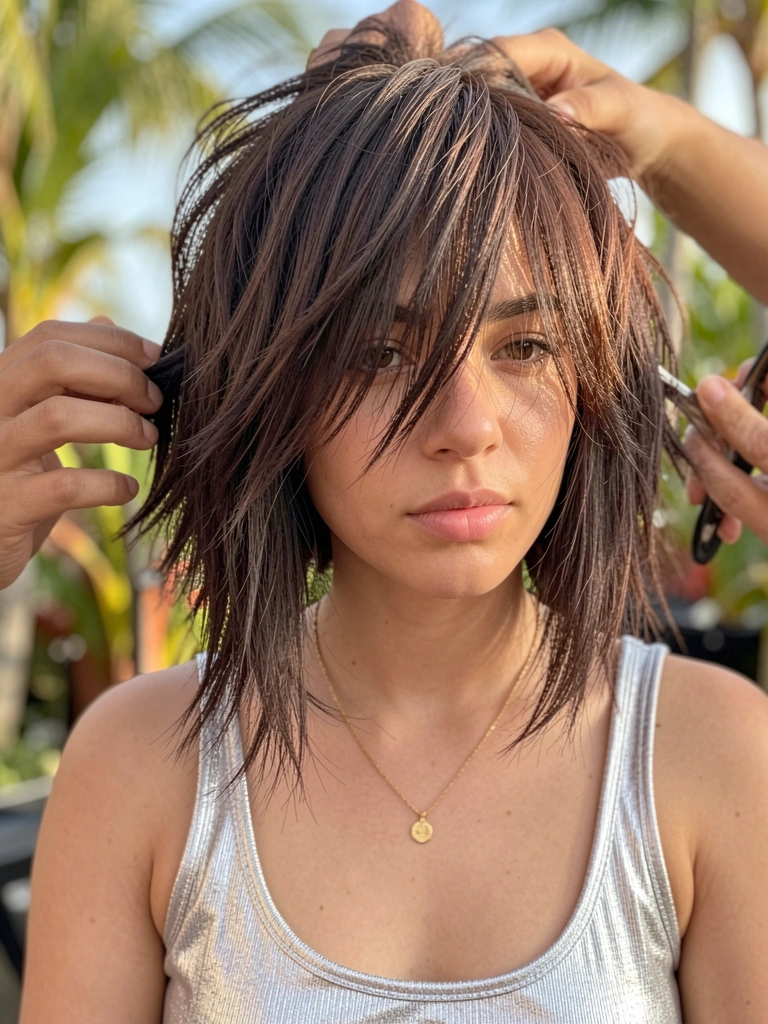 Jovem com cabelo castanho escuro em camadas e texturizado, colar dourado fino e top metálico prateado, luz natural suave e folhagem tropical ao fundo.