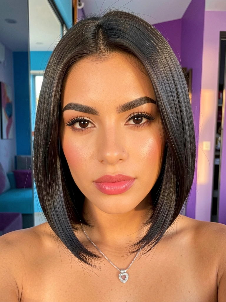 Jovem com olhos escuros e colar de prata, cabelo liso repartido ao lado, fundo desfocado com azul e roxo, luz natural.