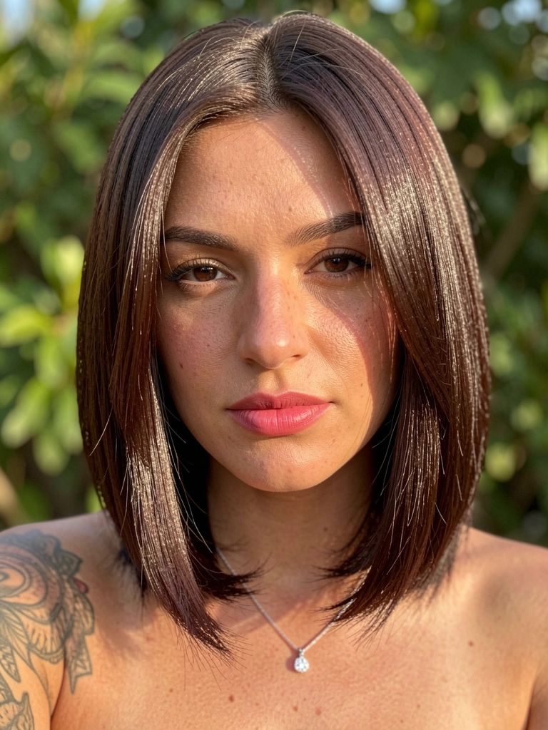 Close-up de mulher com cabelo castanho escuro em corte bob assimétrico, colar de prata com pingente de diamante e pele com textura natural, iluminada por luz natural.