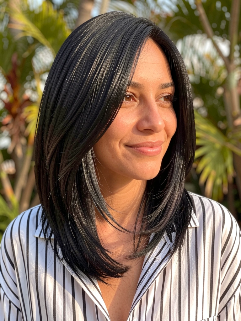Mulher com cabelo preto longo e brilhante, camisa listrada branca e preta, sorriso sutil, fundo com folhagem tropical e luz natural difusa.