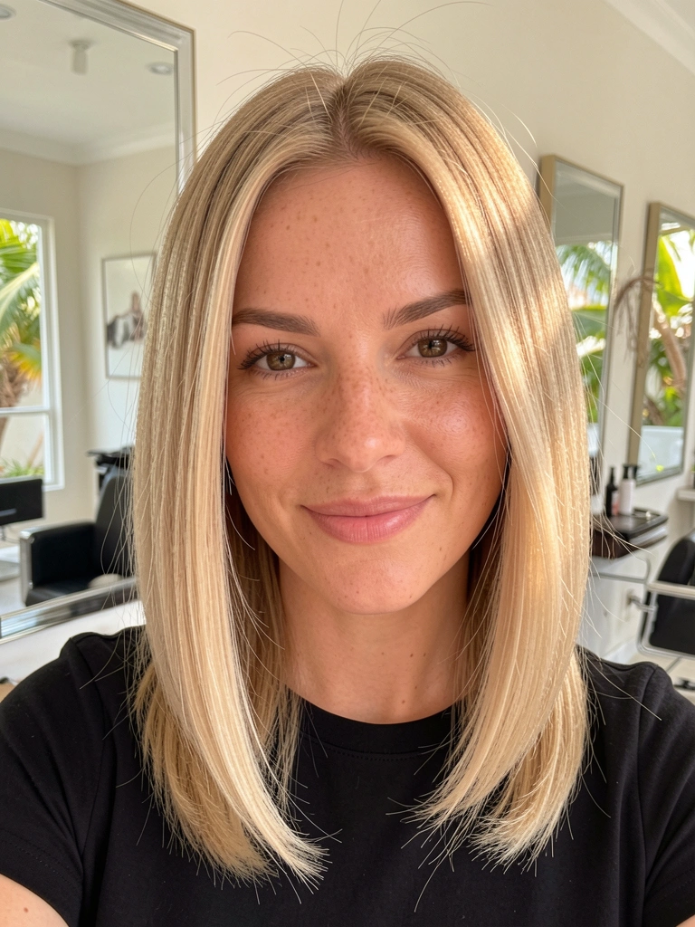 Mulher de cabelo loiro em corte blunt, pele clara com sardas, sorriso suave, luz natural difusa refletida em espelhos de salão.