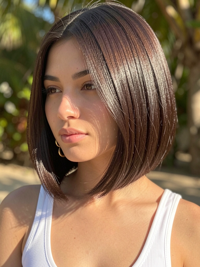Jovem com cabelo castanho escuro em corte blunt, brincos dourados e top branco, luz natural suave e fundo desfocado com sol filtrado.