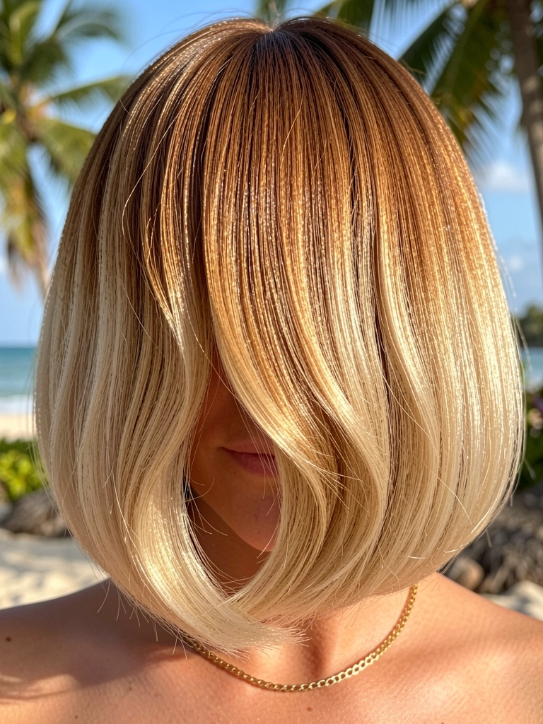 Mulher com cabelo castanho caramelo desbotando para loiro arenoso, corte blunt bob com ondas suaves, colar de ouro fino, luz natural tropical.