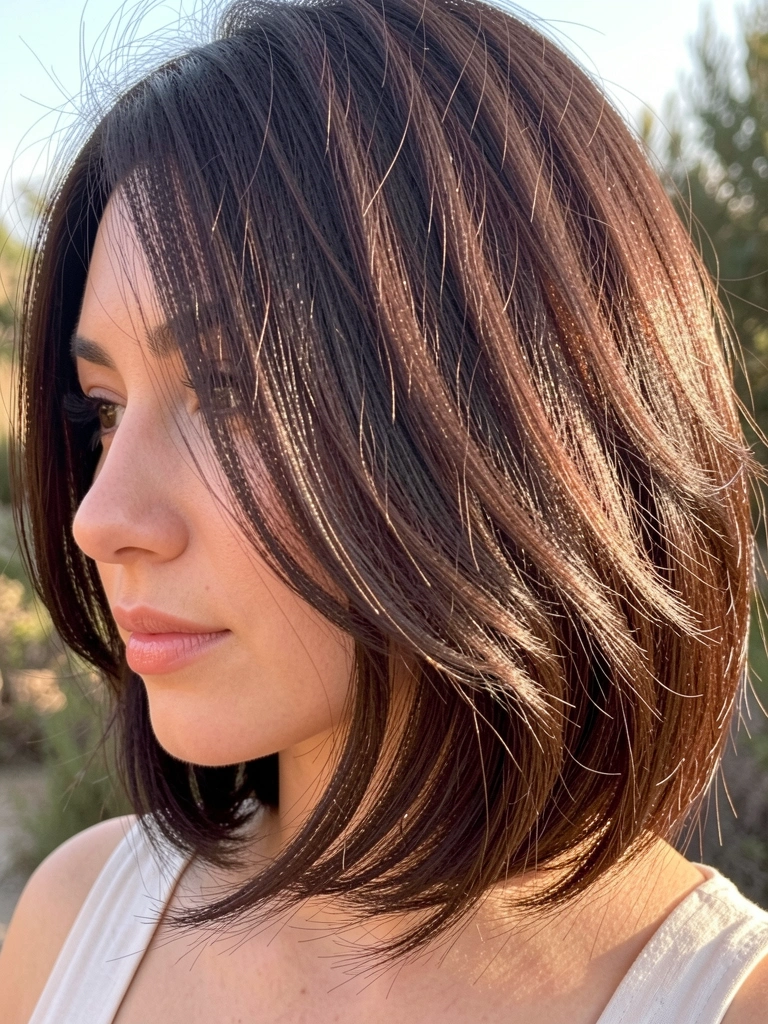 Mulher com cabelo castanho escuro em corte bob texturizado e ondulado, luz natural destacando as camadas e o movimento, fundo levemente desfocado.