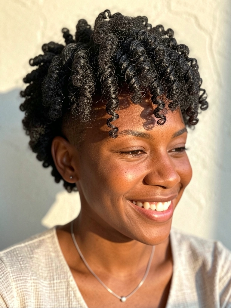 Afro volumoso com undercut, sorriso genuíno e colar prateado, luz natural suave.