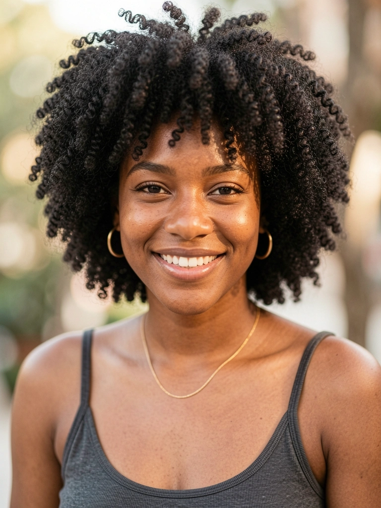 Jovem negra com cabelo crespo volumoso, brincos dourados e sorriso genuíno sob luz natural suave.