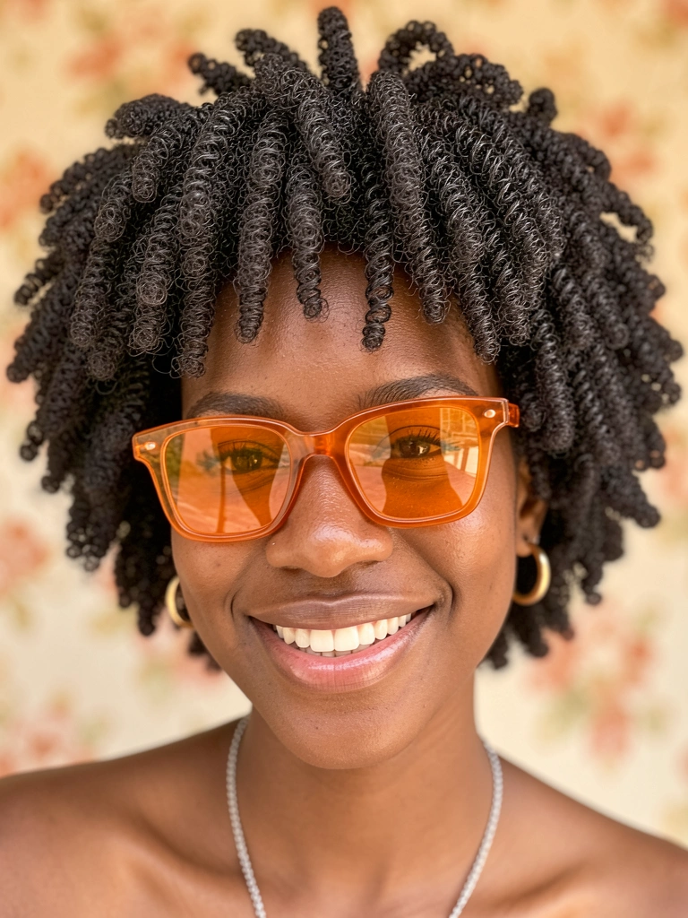 Retrato de mulher negra com cabelo crespo volumoso, óculos quadrados alaranjados e brincos de argola dourados, fundo floral desfocado com iluminação natural.