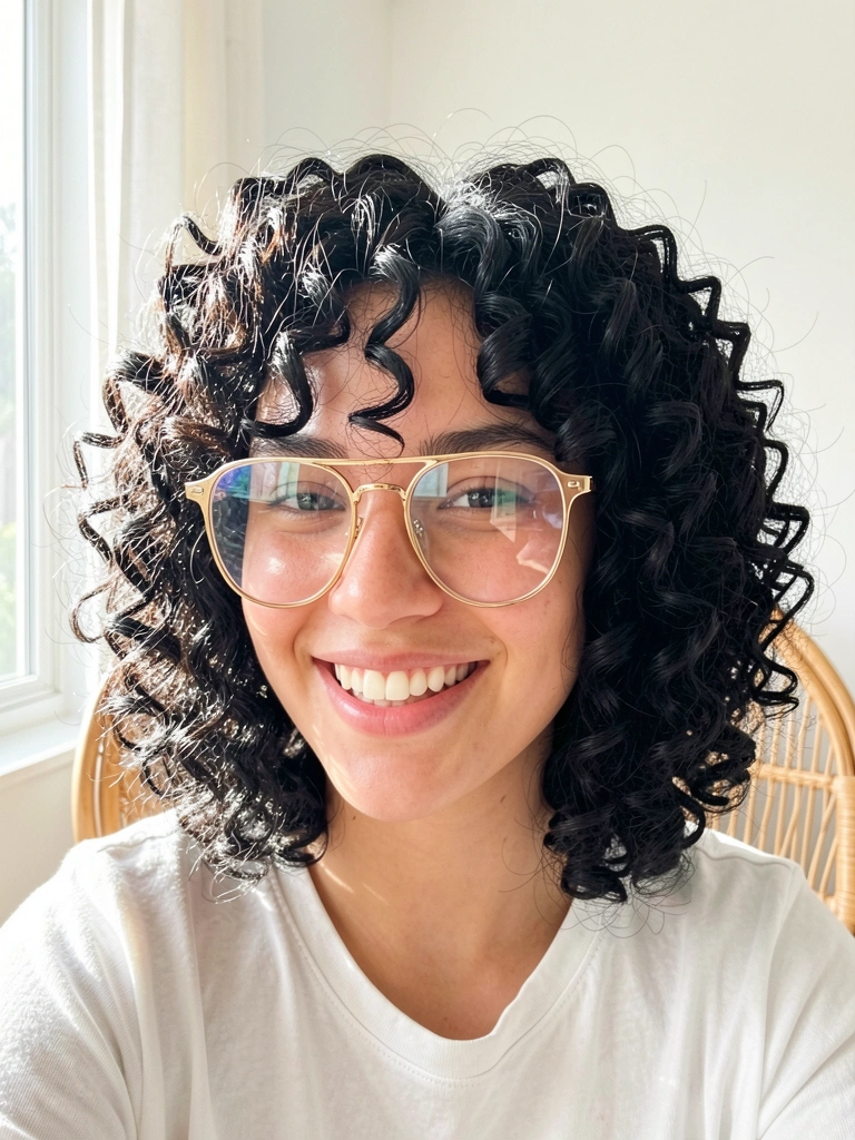 Mulher jovem com cabelo crespo volumoso e óculos dourados, sorrindo em sala iluminada por luz natural, com cadeira de vime ao fundo.