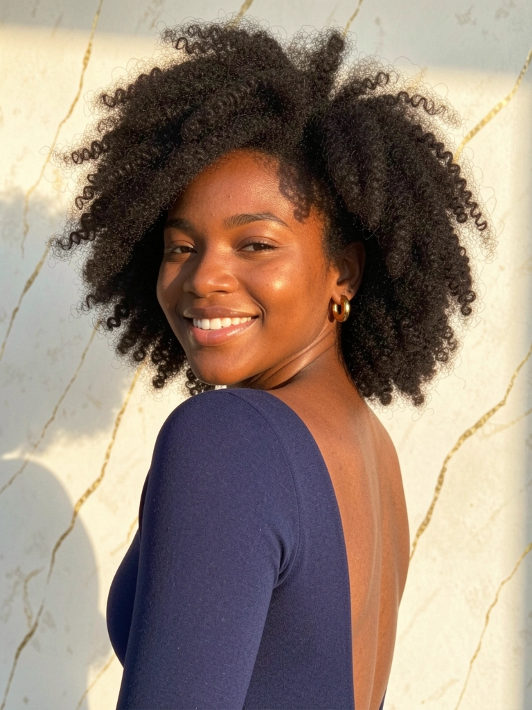 Mulher negra sorrindo com afro volumoso, brincos de argola dourados, fundo texturizado off-white com veios dourados e luz solar difusa.
