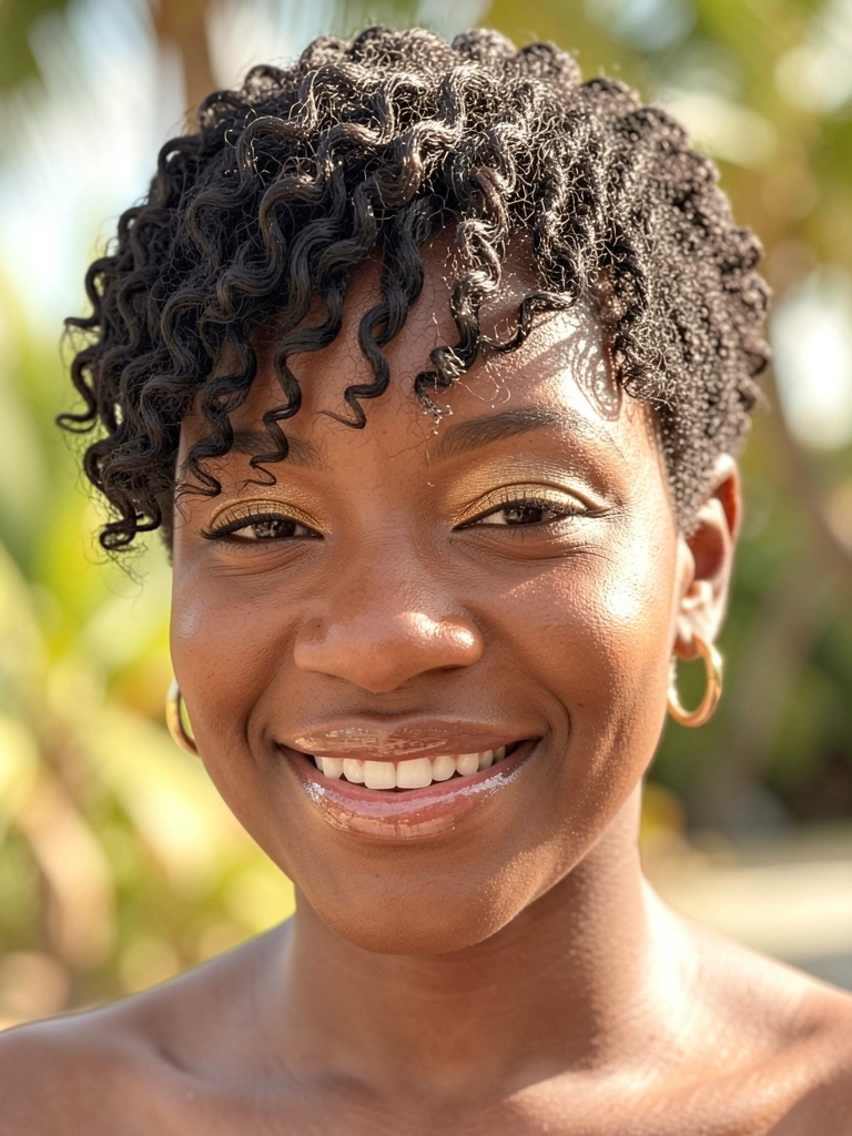 Close-up de uma mulher negra com cabelo crespo curto em camadas, brincos de argola dourados e maquiagem com sombra dourada, luz natural difusa ao fundo.