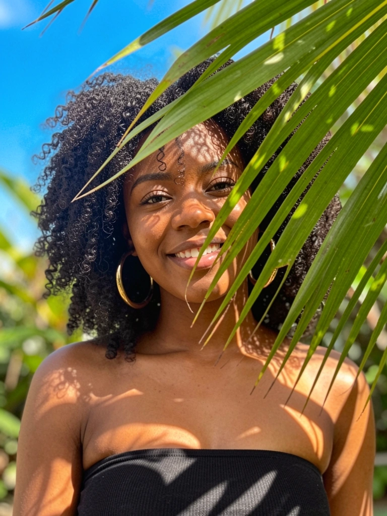 Mulher negra com cabelo crespo volumoso e brincos de argola dourados, folha de palmeira verde fazendo sombra sobre o rosto, fundo de céu azul desfocado, luz natural de dia.