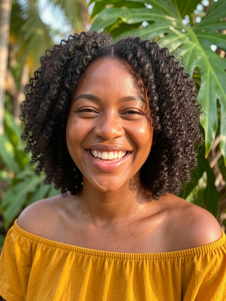 Mulher negra com cabelo crespo e top amarelo mostarda sorrindo, folhagem verde ao fundo desfocado com luz natural.