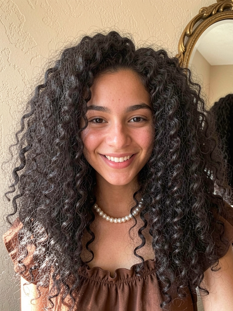 Jovem com cabelos crespos volumosos, blusa marrom com babados e colar de pérolas, sorrindo em frente a espelho dourado sobre parede texturizada bege com luz natural.