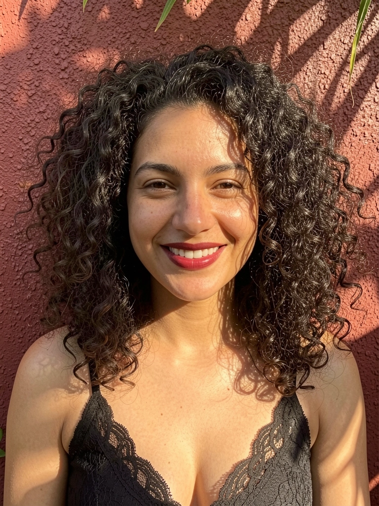 Mulher de cabelos crespos volumosos e sorriso natural, usa camisola preta de renda; parede texturizada marrom-avermelhada com luz difusa e suaves sombras.