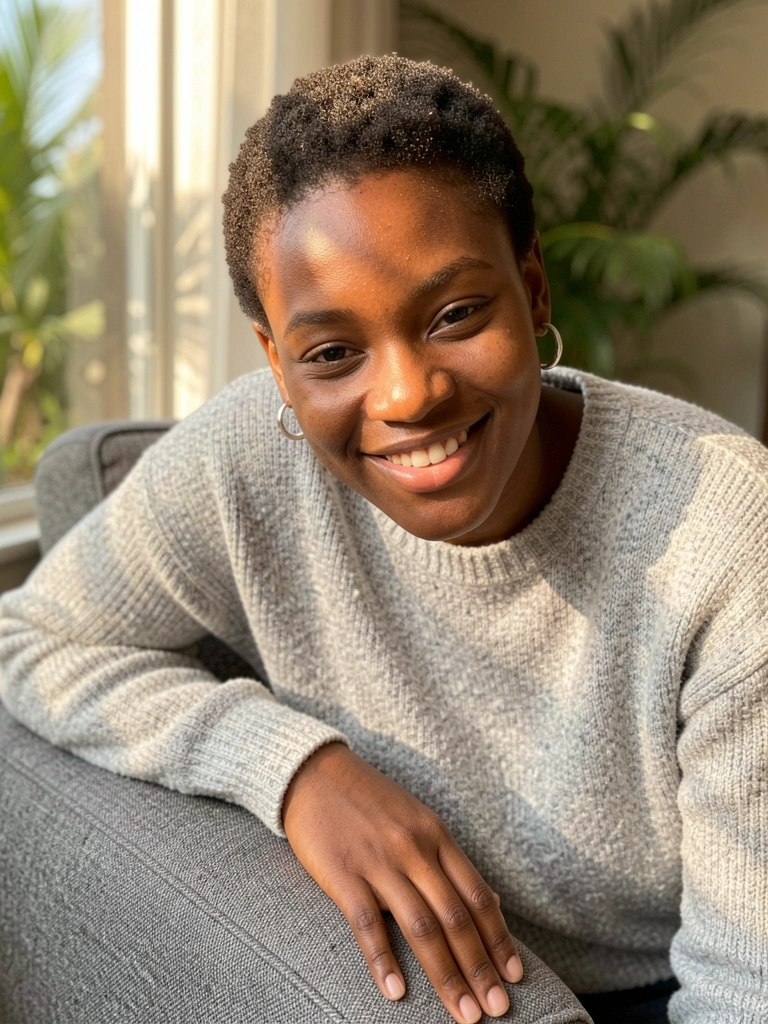 Mulher negra de cabelo crespo curto, sorrindo com a mão sobre poltrona cinza estofada, usando suéter texturizado e brincos de argola, iluminação natural suave.