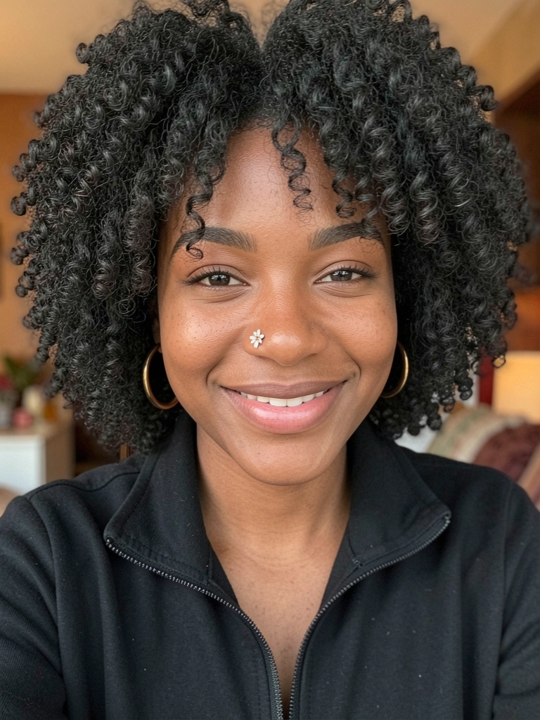 Jovem negra com cabelo crespo volumoso, jaqueta preta e brincos de argola dourados, luz natural suave destacando a textura da pele.