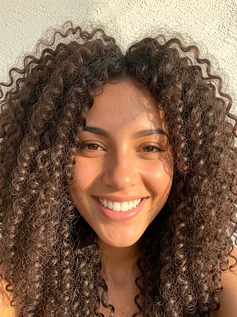 Jovem com cabelo crespo volumoso e cacheado, sorriso espontâneo, luz difusa suave sobre parede texturizada off-white.