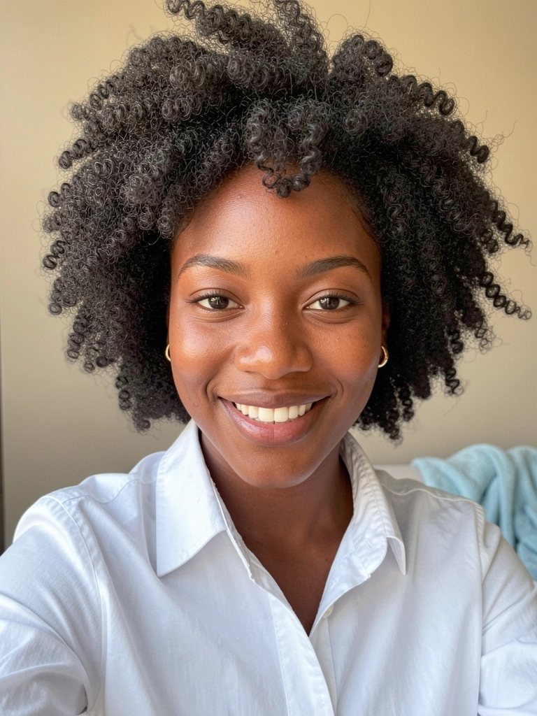 Jovem negra com cabelo crespo volumoso e camisa branca, sorrindo sob luz natural, fundo neutro desfocado.