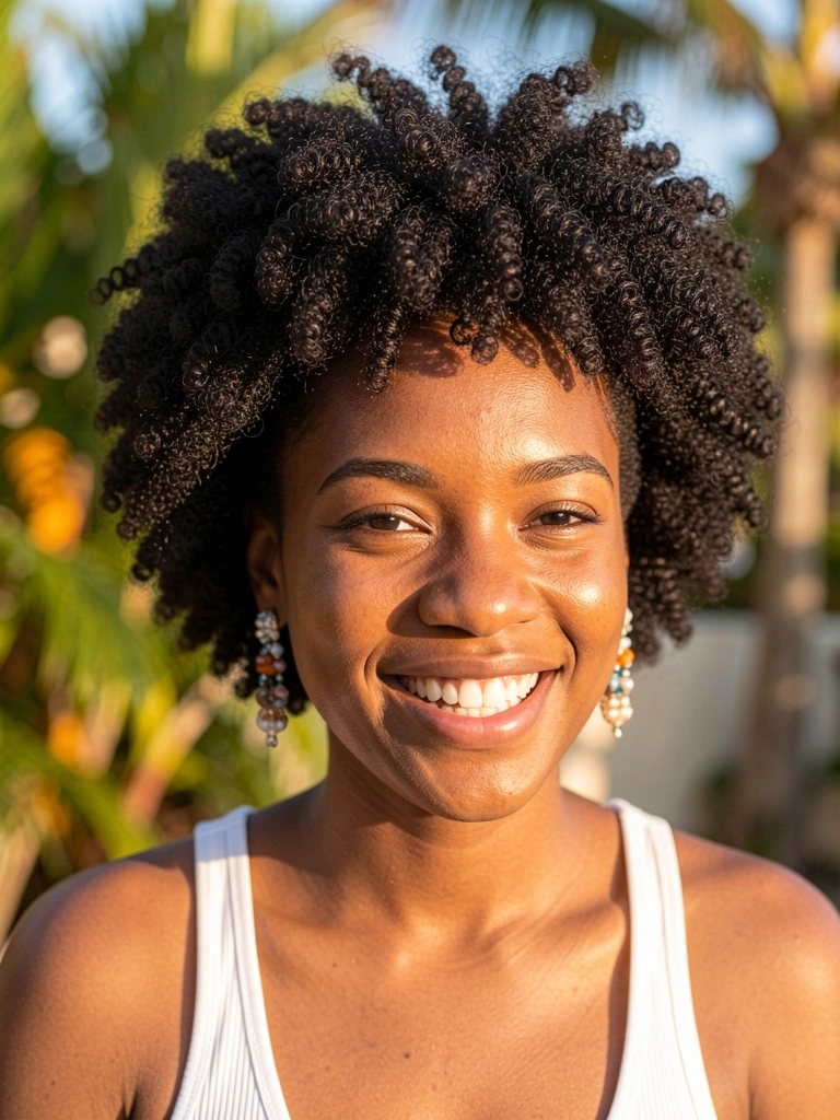 Macro de mulher negra com afro volumoso e laterais raspadas, brincos de contas e sorriso espontâneo sob luz natural.