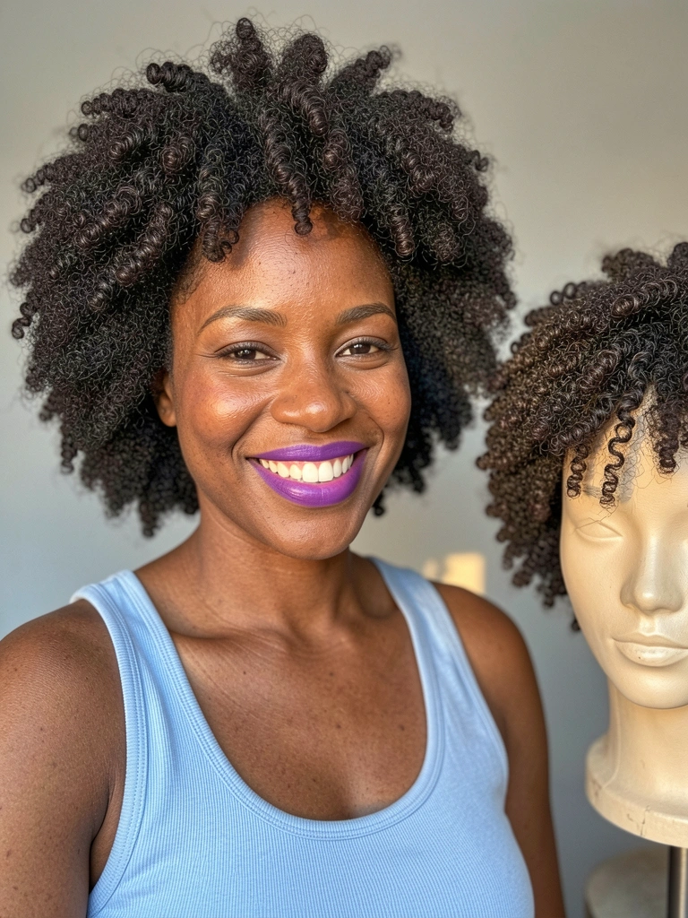 Mulher negra com afro volumoso e sorriso natural, blusa azul claro e batom roxo vibrante, manequim com mesmo penteado ao lado, fundo cinza claro com luz natural difusa.