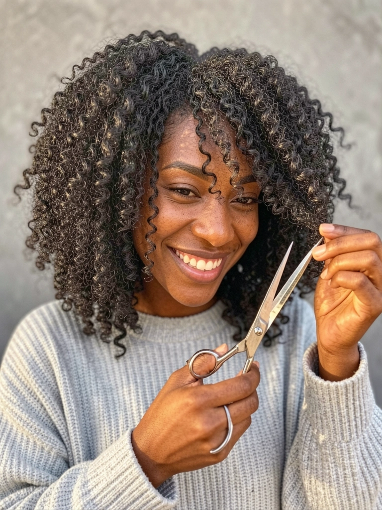 Mulher negra de cabelo crespo volumoso usando suéter cinza claro, segurando tesoura de prata e cortando uma mecha, com sorriso espontâneo sob luz natural difusa.