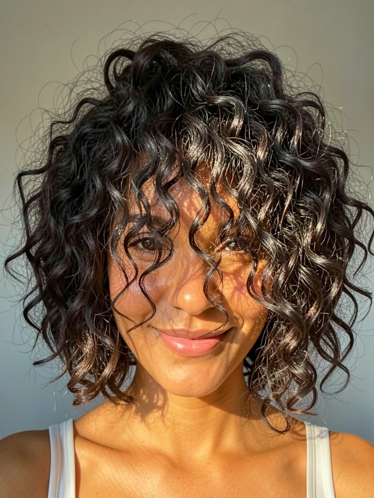 Close de mulher com volumosos cabelos crespos escuros em corte bob assimétrico, texturizado com luz dourada, sorriso genuíno e pele dourada.